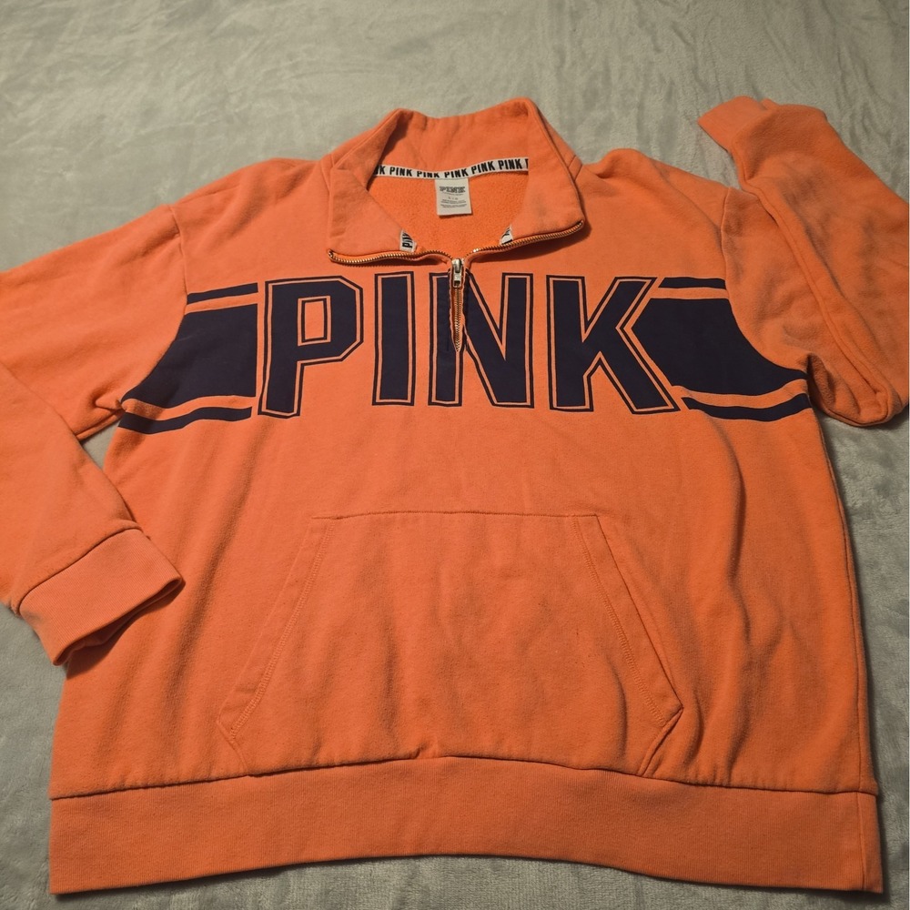 PINK By Victoria's Secret Women's Coral 1/4 Zip Sweatshirt Large Lounge (Read)